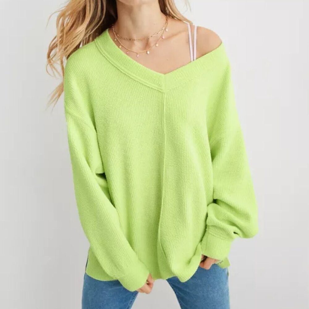 Aerie Wonder Textured V Neck Sweatshirt XS Green Glow Oversized Slouchy